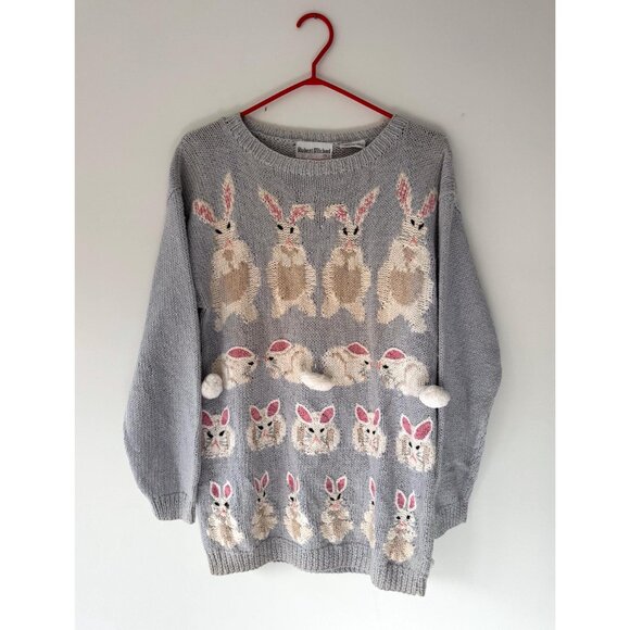 90s vintage bunny rabbit easter holiday novelty animal ugly hand knit sweater - Picture 7 of 8